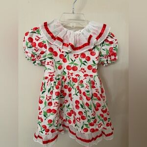 Vintage 1990s Girls Red Cherry Print Ruffle Collar Puff Sleeve Dress 3T Kidscore